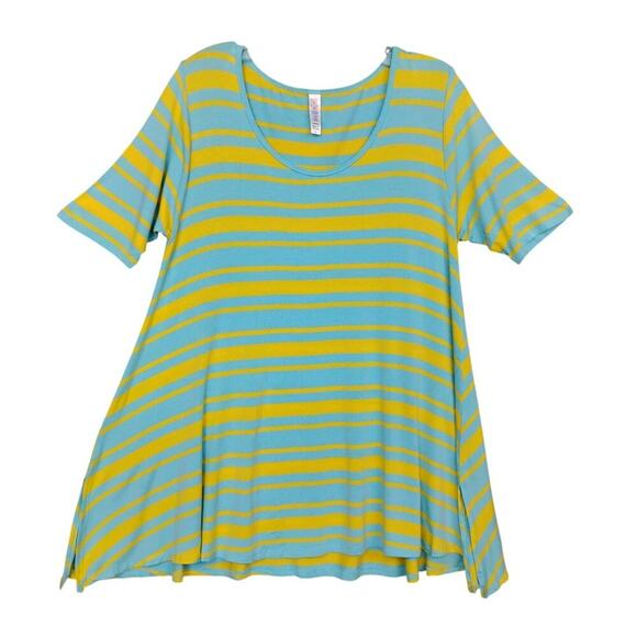 Lularoe Perfect T Aqua and Yellow Stripes Size Small Tunic Cut Short Sleeve - Picture 2 of 5